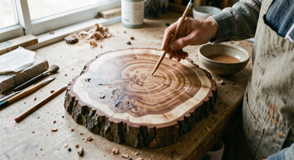A figured burl section, marking pencil and small bowl reveal swirling grain on a Vermont studio bench