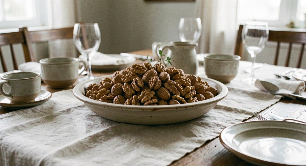 A low walnut centerpiece bowl on a dining table with stoneware, linen and soft afternoon light