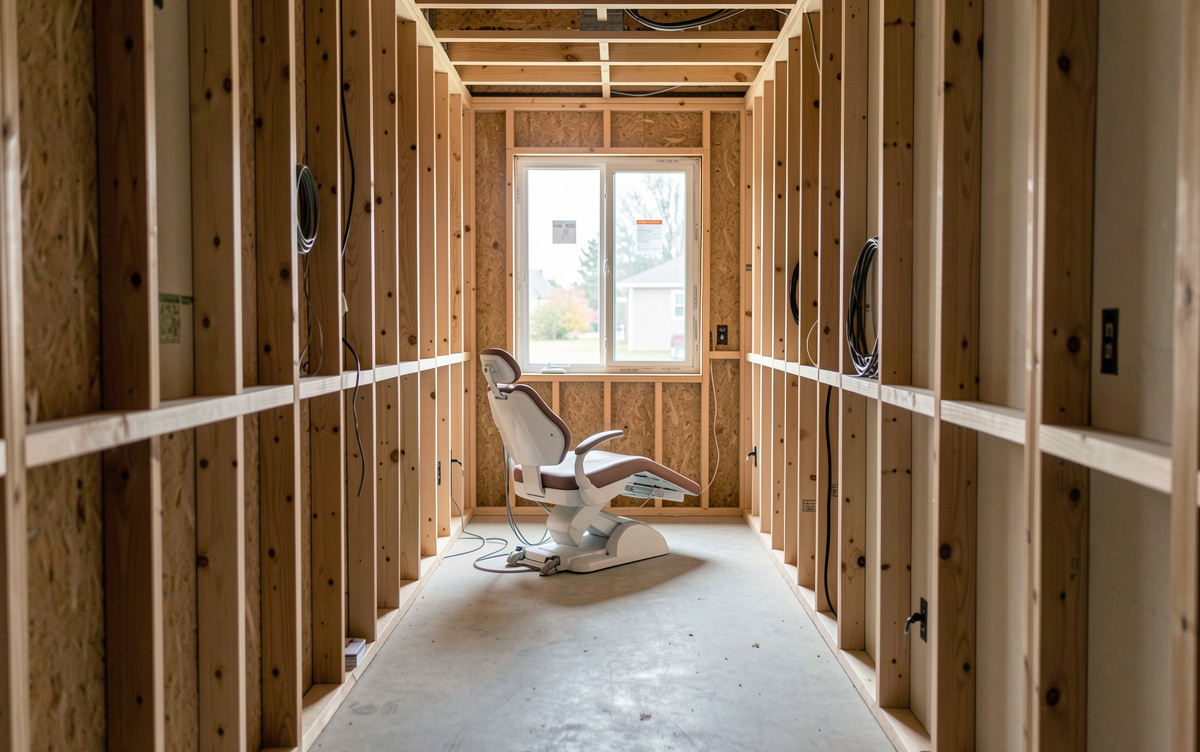 A dental office under construction seen from the corridor, bare stud walls and a single reclined chair in the middle of the room, daylight from an unfinished window, wide shot from the doorway.