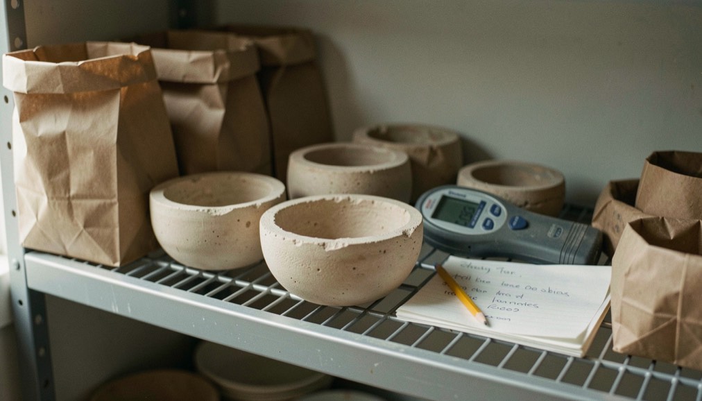 Rough bowl blanks rest on a ventilated shelf with paper bags, a moisture meter and pencil notes