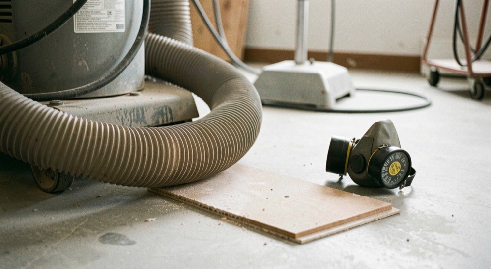 A dust collection hose sits close to a sanding cut while a clean floor and respirator wait nearby