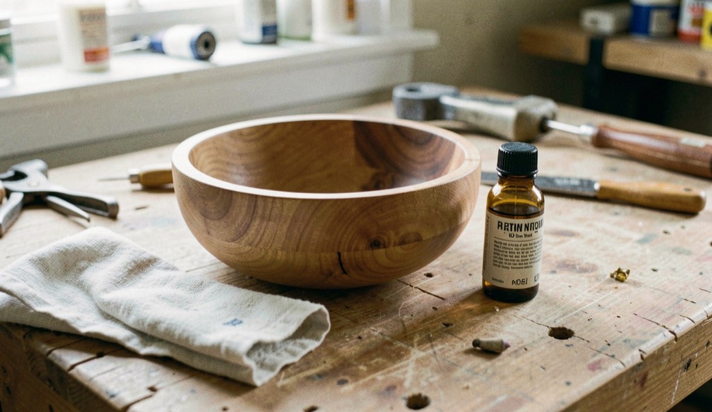 A turned maple bowl, small oil bottle and cotton cloth on a workbench ready for finishing