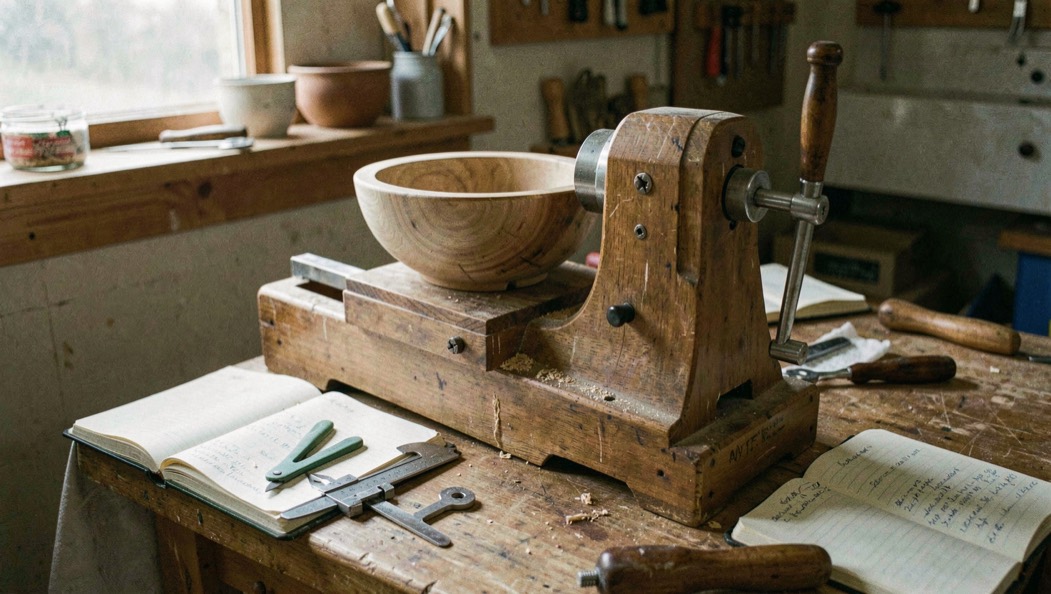 A compact wood lathe in a Vermont shop with a bowl blank, calipers and open notebook nearby