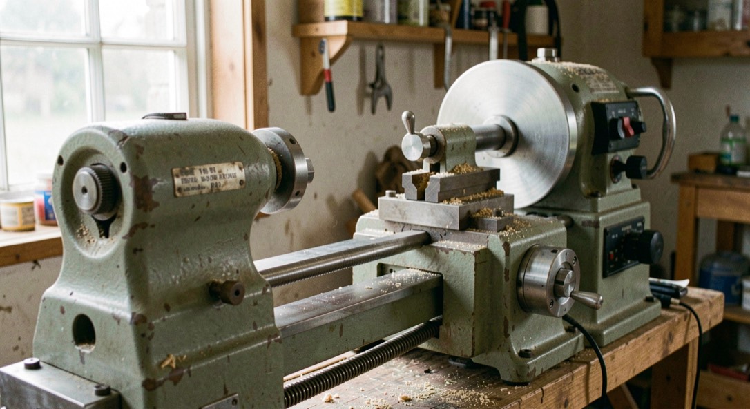 A wood lathe viewed from the operator side with its banjo, tailstock and speed control clearly visible