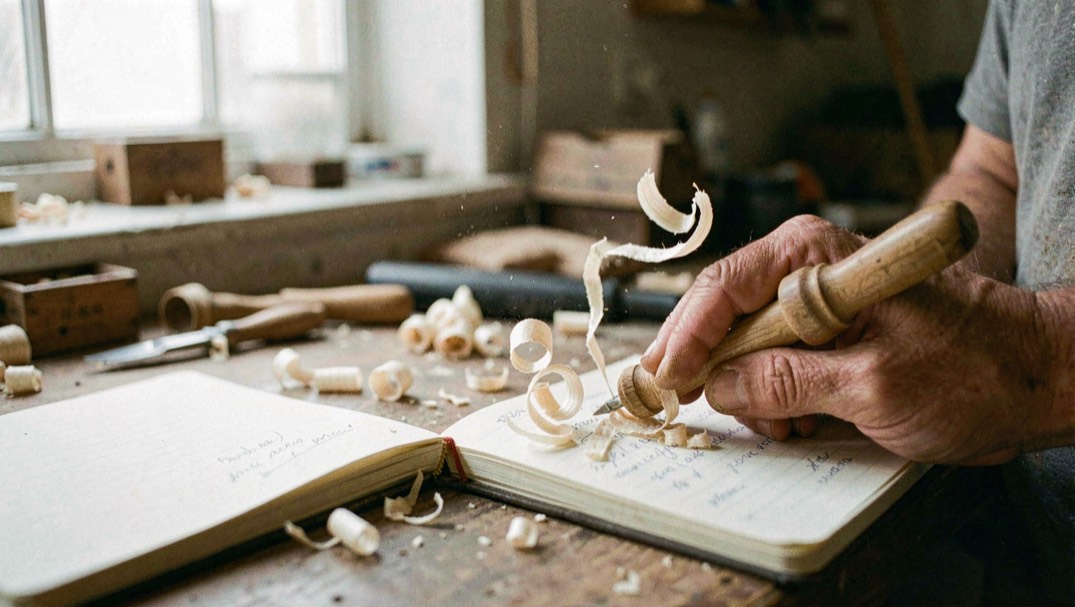 Long pale shavings curl from a small practice spindle while a notebook marks a quiet shop session