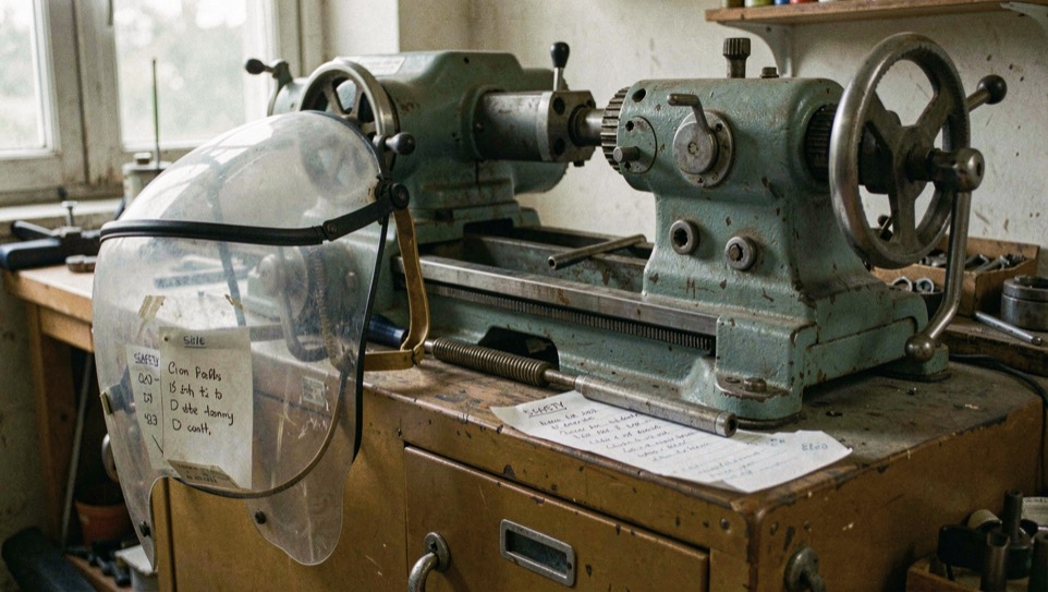 A face shield hangs beside a lathe while a handwritten safety checklist sits on the tool cabinet