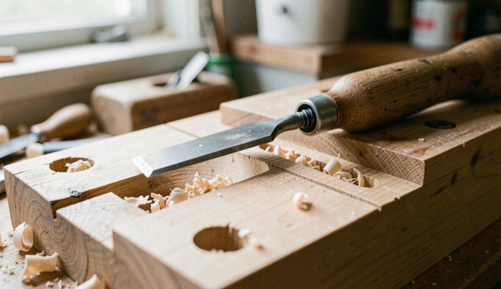 A spindle turning shows crisp beads and coves beside a skew chisel on a maple tool rest