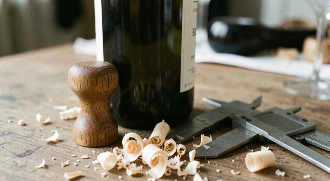 A finished turned bottle stopper stands beside a wine bottle, calipers and fine maple shavings