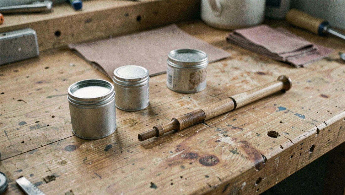 Small finish tins, sandpaper and a finished spindle arranged on a worn maple workbench