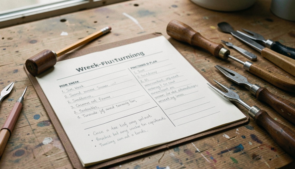 A six-week turning plan is open beside a practice spindle, pencil and neatly arranged hand tools