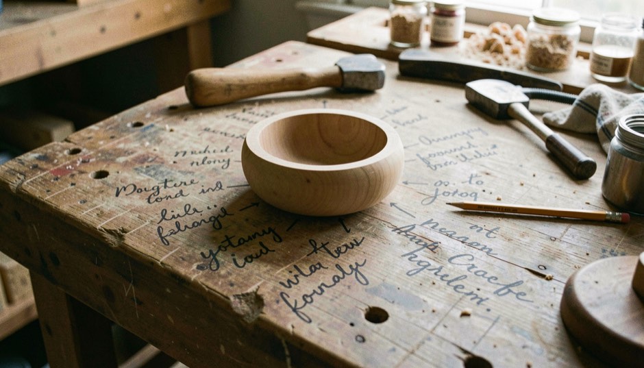 Handwritten woodturning terms surround a bowl blank and pencil on a weathered New England workbench