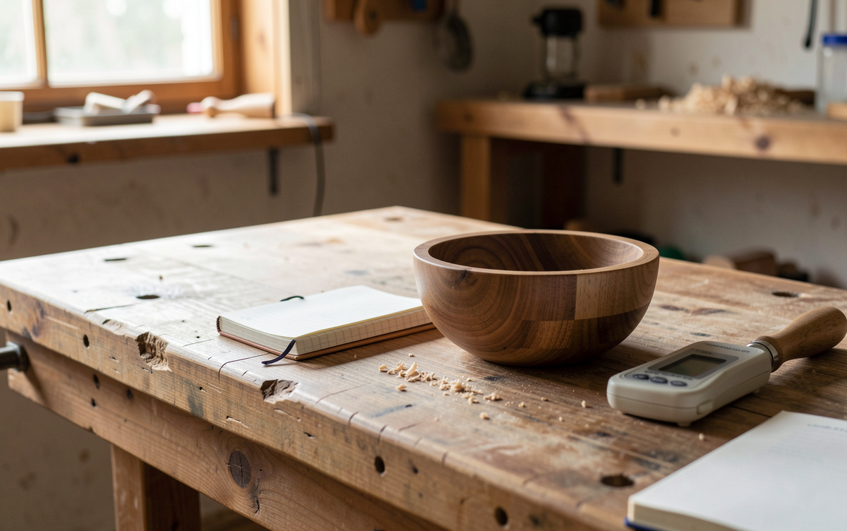 A woodturner's bench in a dry workshop, a half-finished oak bowl beside a moisture meter and a small notebook, soft morning light from a side window, medium close shot.