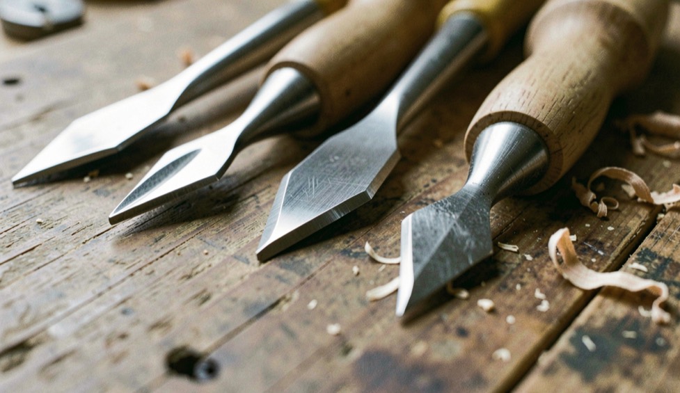 Close view of the polished steel tips of four woodturning tools lying flat on a worn wooden bench, each bevel ground to a different shape, with fine shavings