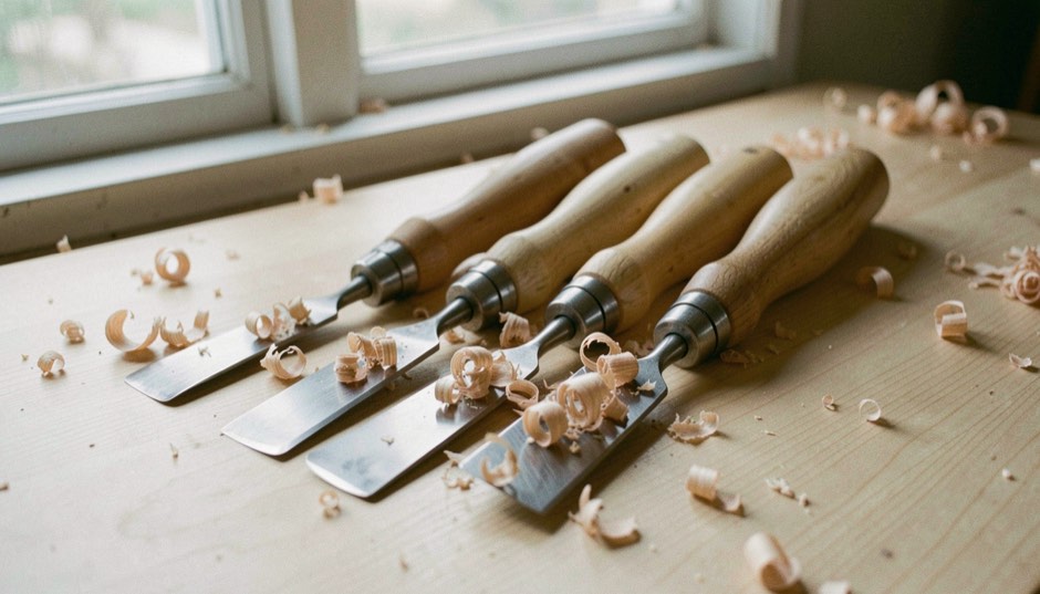 Four turning chisels with long turned wooden handles lying side by side on a pale maple workbench under a window, polished steel blades among curled shavings