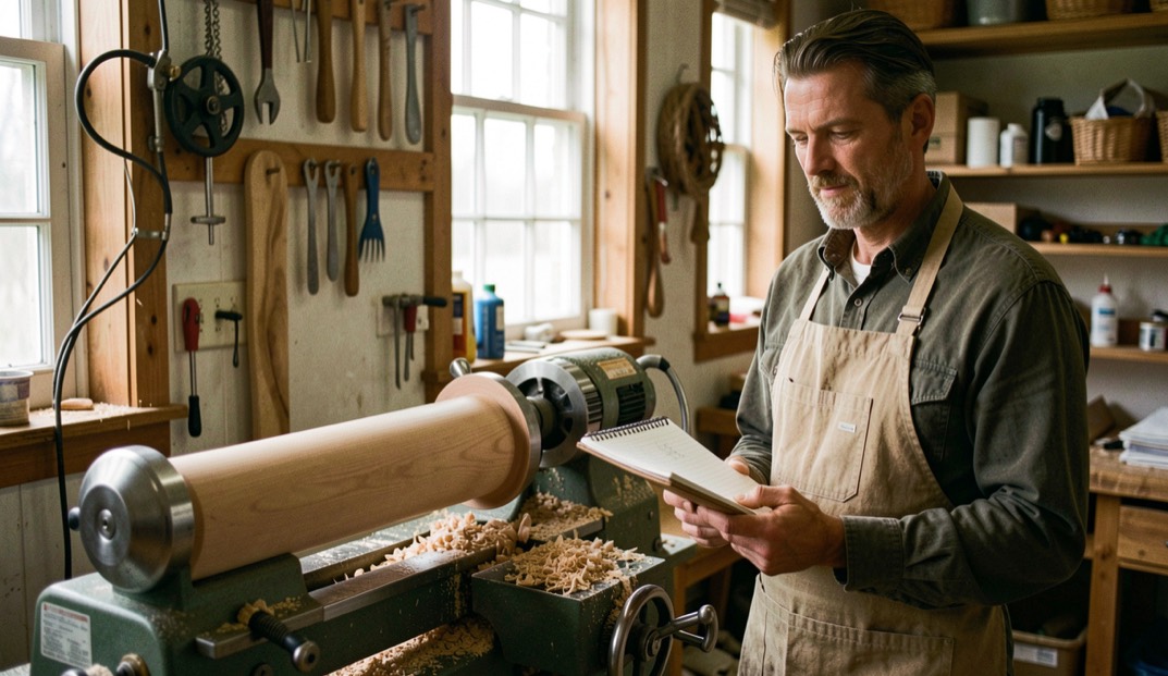 A woodturning editor stands beside a lathe with a notebook and maple blank in a Vermont workshop