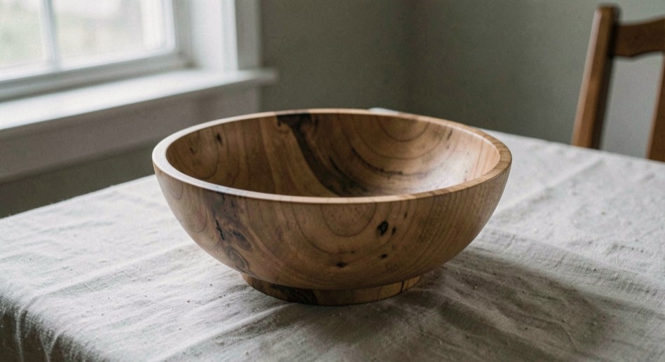 A hand-turned maple bowl on a linen table with soft New England morning light