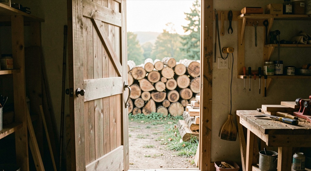 A rural New England studio door opening toward stacked logs and late afternoon workshop light