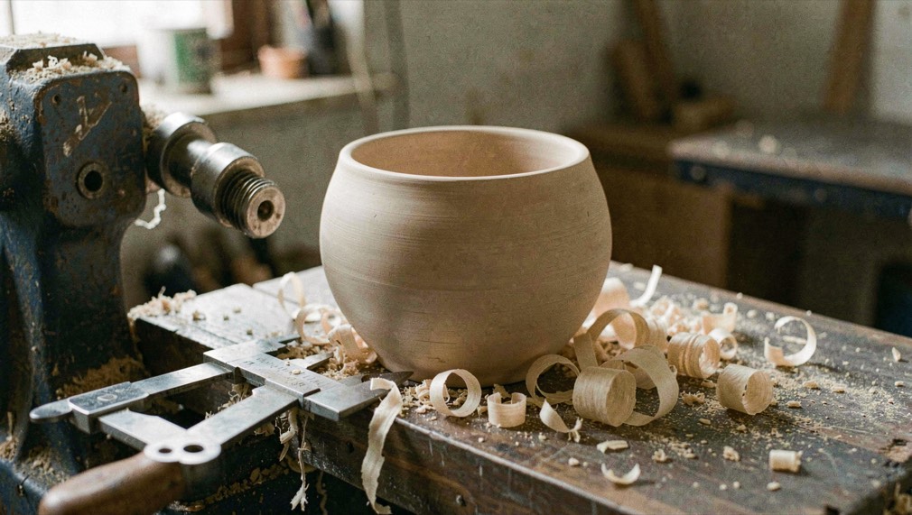 A half-turned bowl blank, calipers and curled shavings gathered around a wood lathe