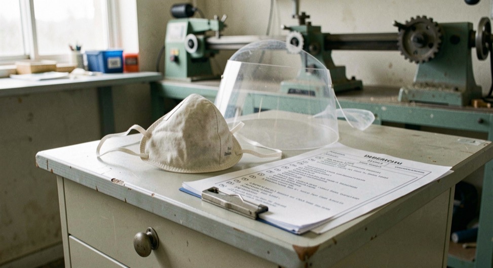 A face shield, dust mask and lathe checklist resting on a clean workshop cabinet