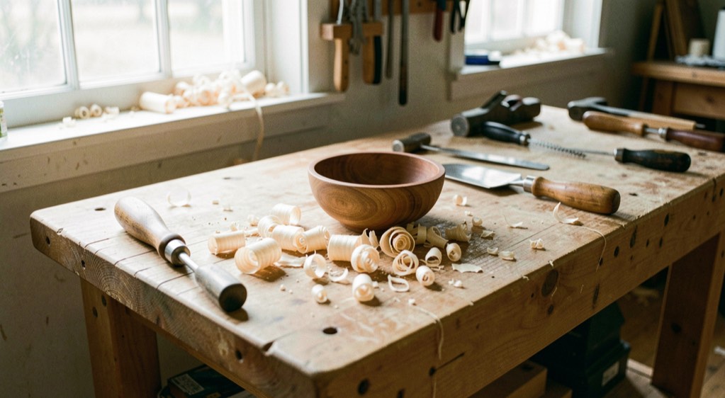 A bright Vermont workshop bench with hand tools, shavings and a small turned bowl