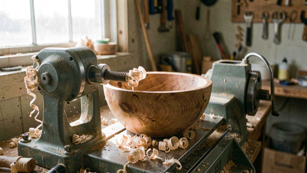 A Vermont woodturning workshop at dawn with a lathe, maple bowl and curled shavings