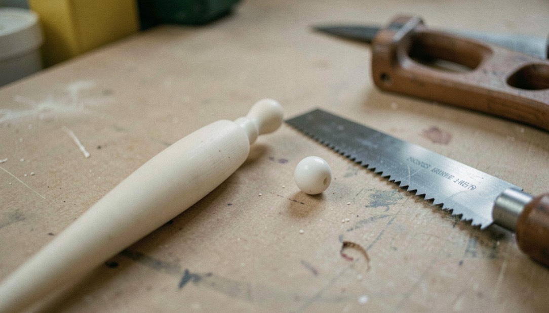 A pale spindle blank beside a crisp practice bead and a fine-tooth hand saw