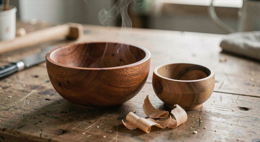 Warm reddish heartwood, smooth shavings and a moisture note beside a small bowl blank