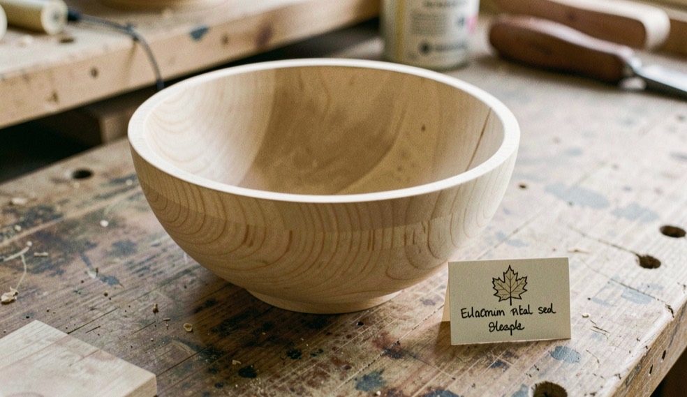 Fresh sugar maple bowl blank with pale grain, end grain seal and a small species card on a bench