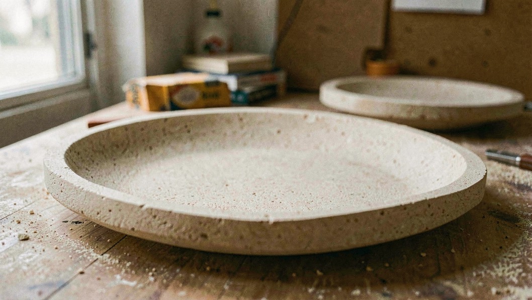 A bold open-grain blank, shallow platter form and warm workshop light